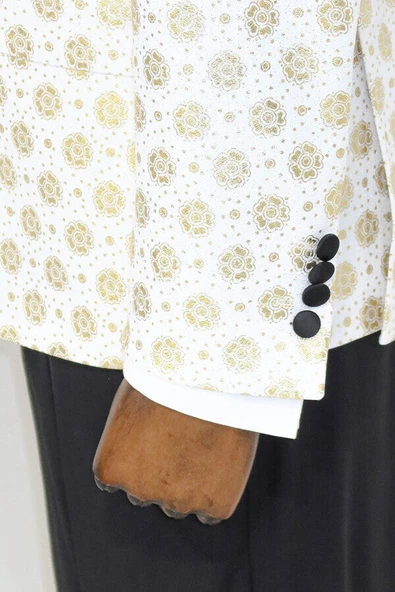 Çiçek Desenli Sivri Yaka Beyaz Erkek Smokin Ceket - Wessi - Resim 8