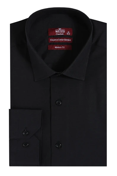 Düz Uzun Kol Regular Fit Siyah Erkek Gömlek - Wessi - Resim 5