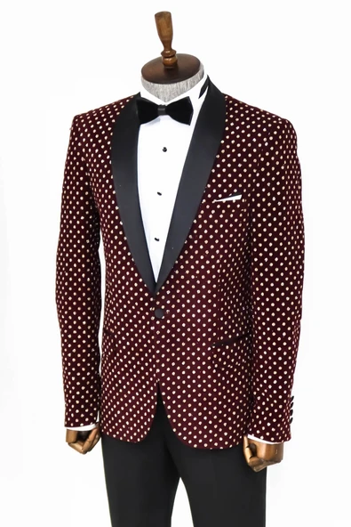 Nokta Desenli Slim Fit Bordo Erkek Smokin Ceket - Wessi - Resim 4