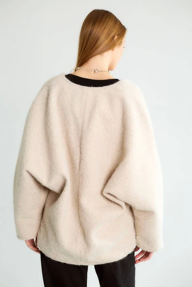 Dokulu, V Yaka, Bağlamalı Önü Açık Hırka/Ceket - Resim 4