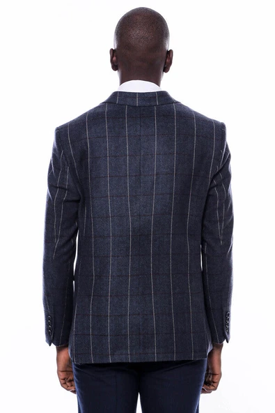 Ekose Sivri Yaka Lacivert Slim Fit Ceket - Wessi - Resim 8