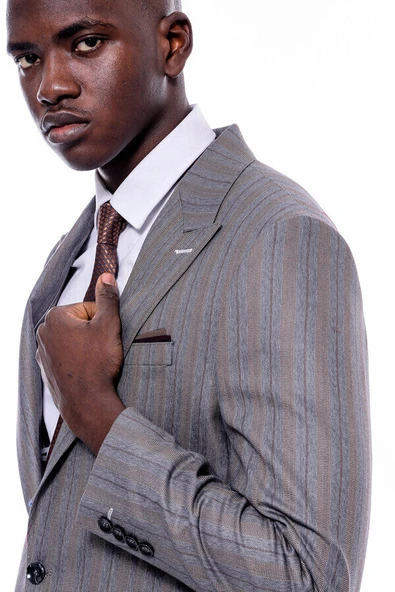 Ekose Çizgili Slim Fit Gri Erkek Ceket - Wessi - Resim 2