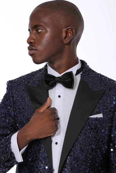 Pul Desenli Lacivert Damatlık Ceket | Wessi - - Resim 7