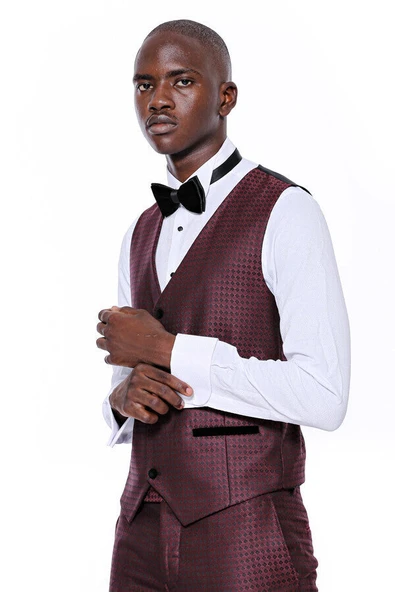 Kendinden Desenli Yelekli Bordo Damatlık Takım Elbise | Wessi - Resim 3