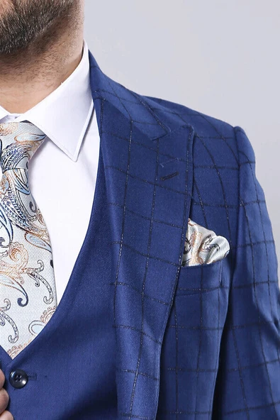 Ekose Ceket Mavi Yelekli Takım Elbise | Wessi - Wessi - Resim 2