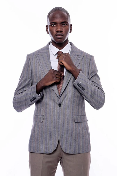 Ekose Çizgili Slim Fit Gri Erkek Ceket - Wessi - Resim 3