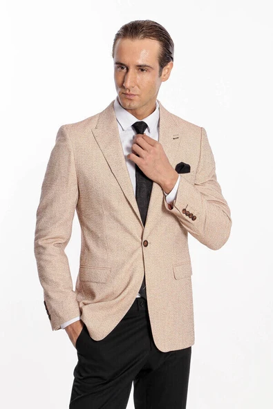 Kendinden Desenli Slim Fit Açık Sarı Erkek Ceket - Wessi - Resim 3