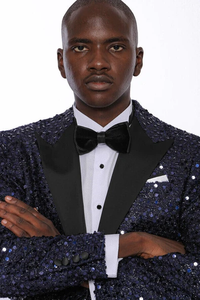 Pul Desenli Lacivert Damatlık Ceket | Wessi - - Resim 2