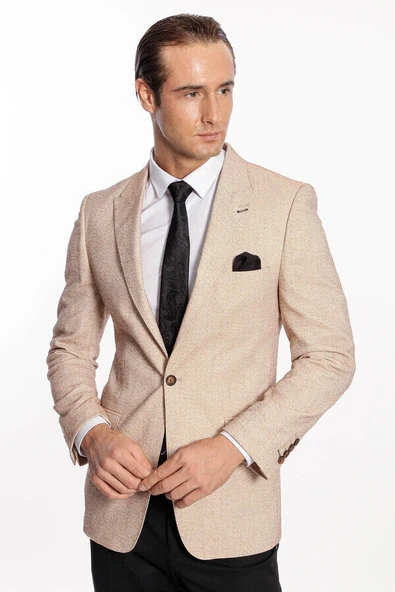 Kendinden Desenli Slim Fit Açık Sarı Erkek Ceket - Wessi - Resim 7