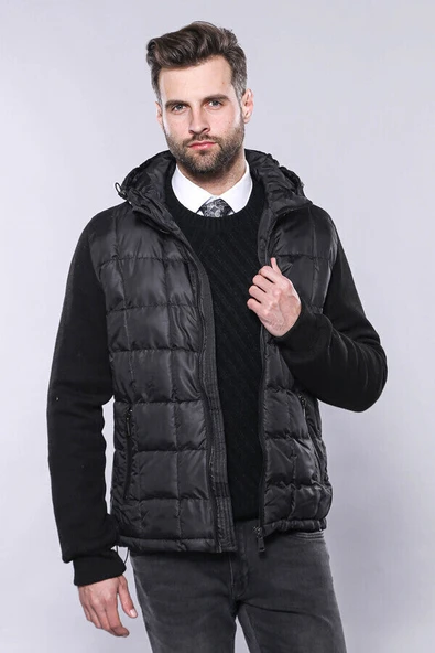 Kapşonlu Kapitone Siyah Kaban | Wessi - Resim 3