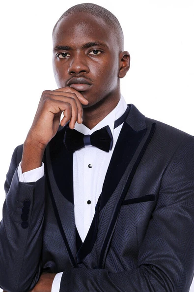 Çıkma Yaka Desenli Yelekli Koyu Lacivert Erkek Damatlık - Wessi - Resim 2