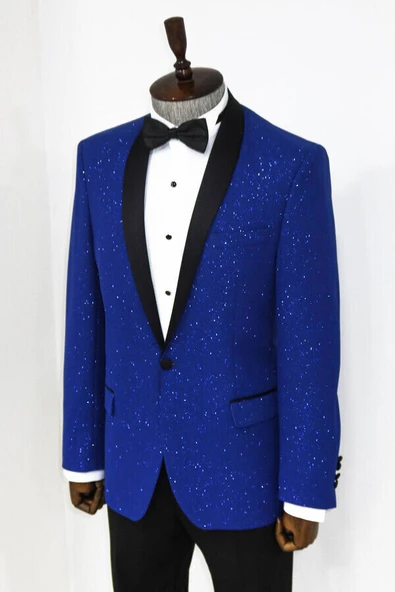 Şal Yaka Simli Lacivert Erkek Smokin Ceket - Wessi - Resim 6