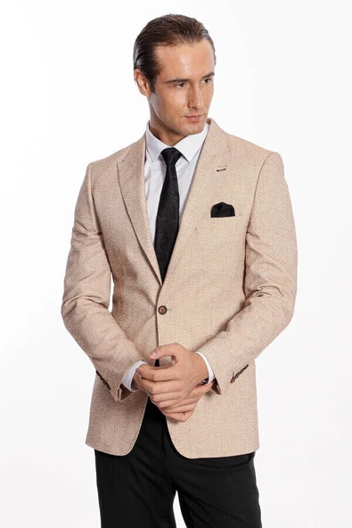 Kendinden Desenli Slim Fit Açık Sarı Erkek Ceket - Wessi - Resim 4