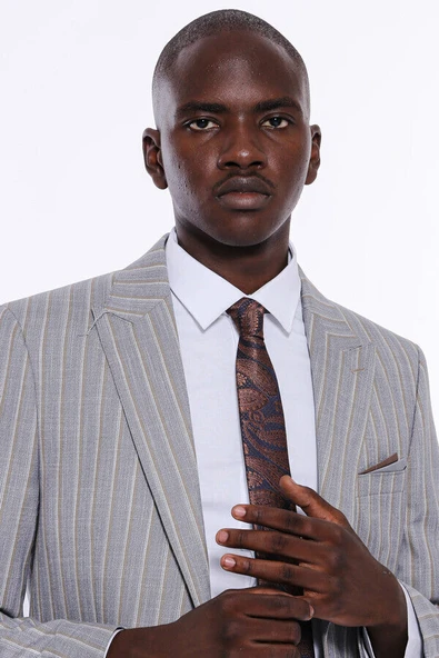 Çizgili Ceket Pantolon Düz Gri Erkek Takım Elbise - Wessi - Resim 2