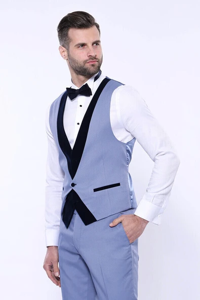 Kendinden Desenli Mavi Çıkma Velvet Yaka Takım Elbise | Wessi - Resim 8