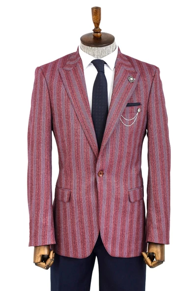 Çizgili Sivri Yaka Tek Düğme Bordo Erkek Ceket - Wessi ürün görseli 1