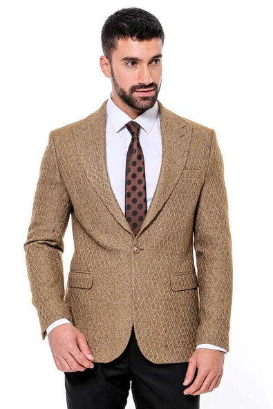 Kendinden Desenli Slim Fit Yün Taba Erkek Ceket - Wessi - Resim 6