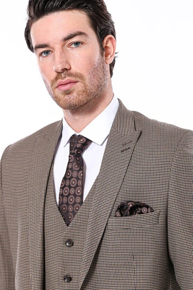 Kendinden Desenli Slim Fit Açık Kahverengi Erkek Ceket - Wessi - Resim 2