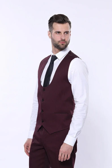 Kendinden Desenli Sivri Yaka Bordo Yelekli Takım Elbise | Wessi - Resim 7