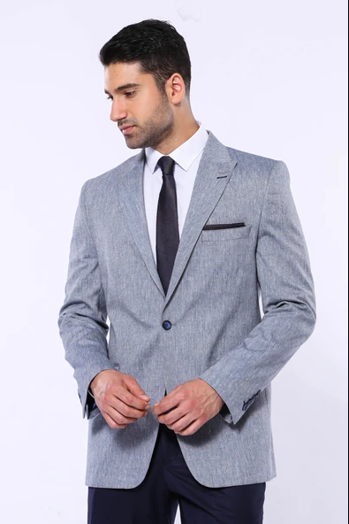 Slim-Fit Sivri Yaka Mavi Ceket - Wessi - Resim 7