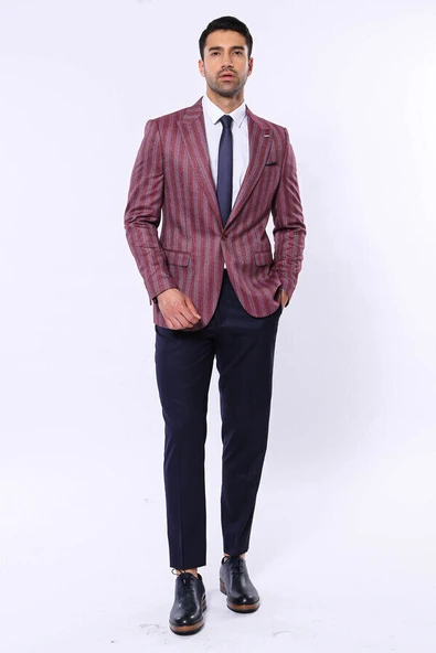 Çizgili Sivri Yaka Tek Düğme Bordo Erkek Ceket - Wessi - Resim 6
