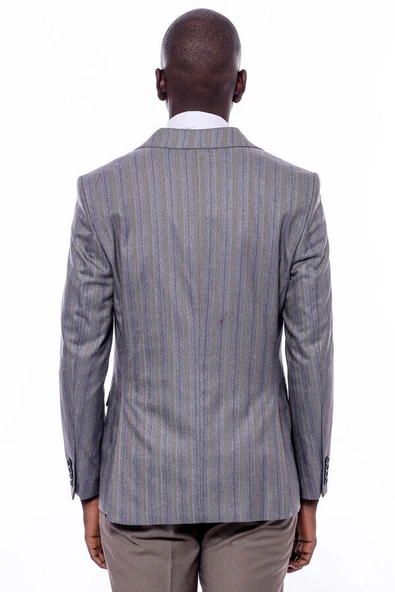 Ekose Çizgili Slim Fit Gri Erkek Ceket - Wessi - Resim 8