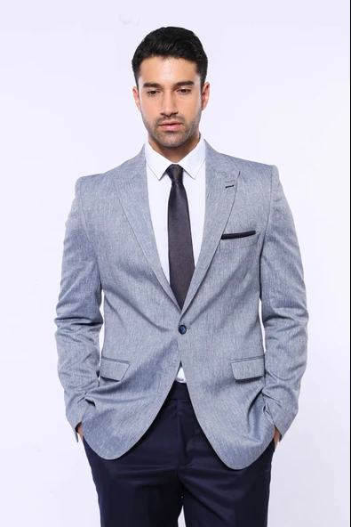 Slim-Fit Sivri Yaka Mavi Ceket - Wessi - Resim 8