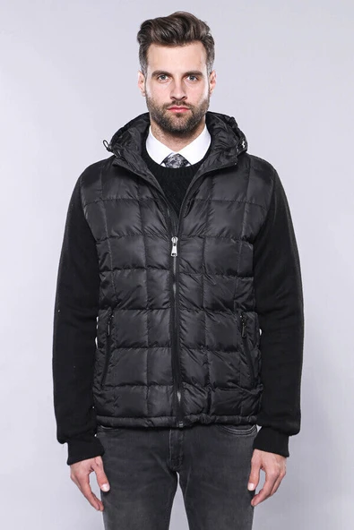 Kapşonlu Kapitone Siyah Kaban | Wessi - Resim 4