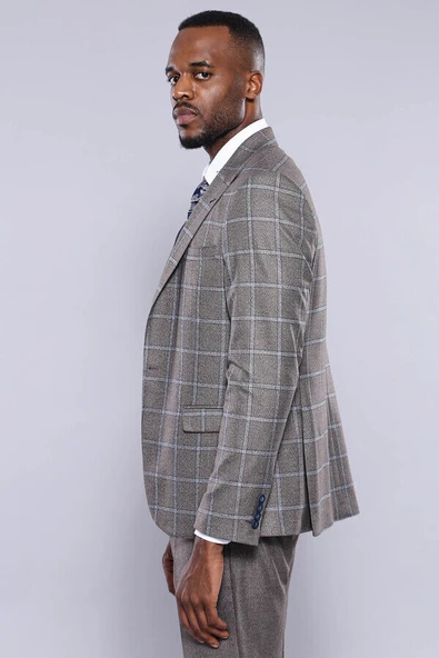 Ekose Bej Ceket Yelek Pantolon Düz Erkek Takım Elbise - Wessi - Resim 8