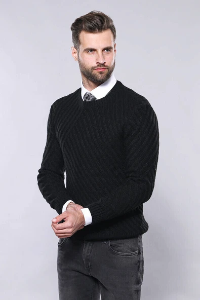 Desenli Bisiklet Yaka Siyah Triko - Wessi - Resim 4