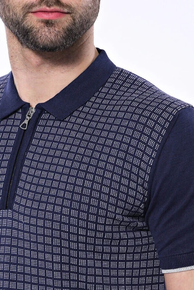 Polo Yaka Lacivert Desenli Fermuarlı Örme T-shirt | Wessi - Resim 3