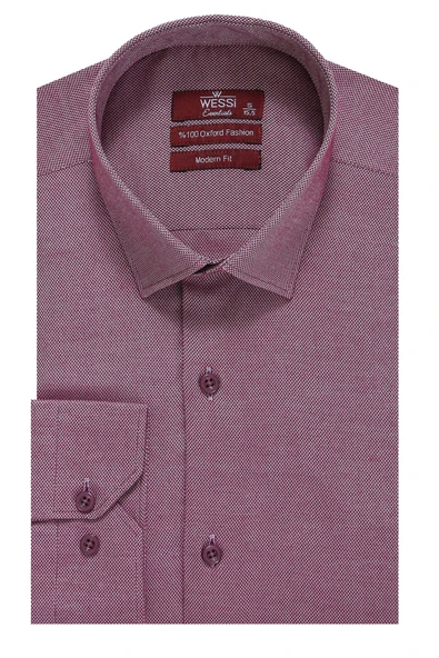 Koyu Bordo Kendinden Desenli Uzun Kol Slim Fit Gömlek - Wessi - Resim 4