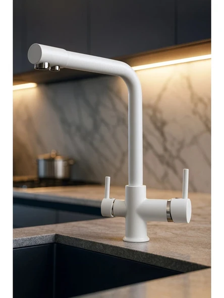 Fuma Collection Beyaz Lüx 3 Yollu Arıtma Çıkışlı Aç Kapa Mutfak Eviye Musluk Bataryası ürün görseli 1