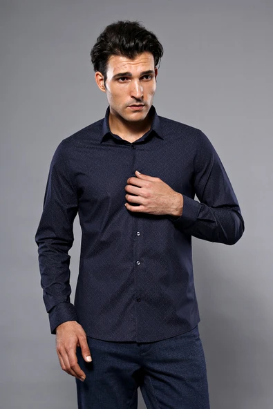 Desenli Lacivert Uzun Kollu Gömlek | Wessi ürün görseli 1