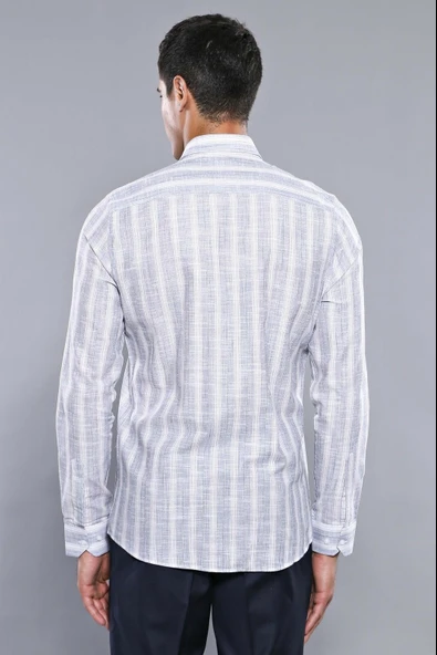 Çizgili Lacivert Desenli Uzun Kollu Gömlek | Wessi - Resim 4