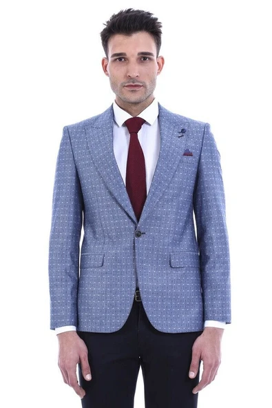 Keten Yarım Astar Desenli Mavi Ceket | Wessi - Wessi - Resim 2