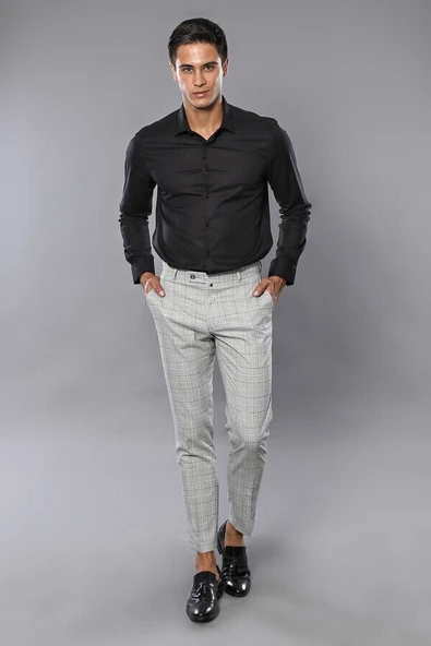 Kare Desen Gri Erkek Kumaş Pantolon - Wessi - Resim 2