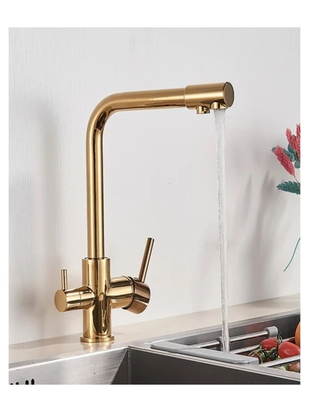 Gold Lüx 3 Yollu Arıtma Çıkışlı Aç Kapa Mutfak Eviye Musluk Bataryası - Resim 3