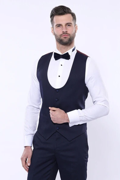 Çıkma Yaka Yelekli Lacivert Damatlık Takım Elbise | Wessi - Resim 7