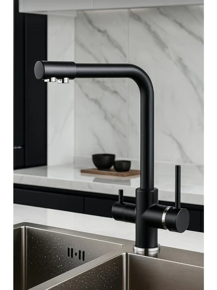 Siyah Lüx 3 Yollu Arıtma Çıkışlı Aç Kapa Mutfak Eviye Musluk Bataryası ürün görseli 1