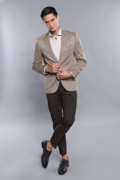 Penye Bej Slim Fit Ceket | Wessi - Resim 3