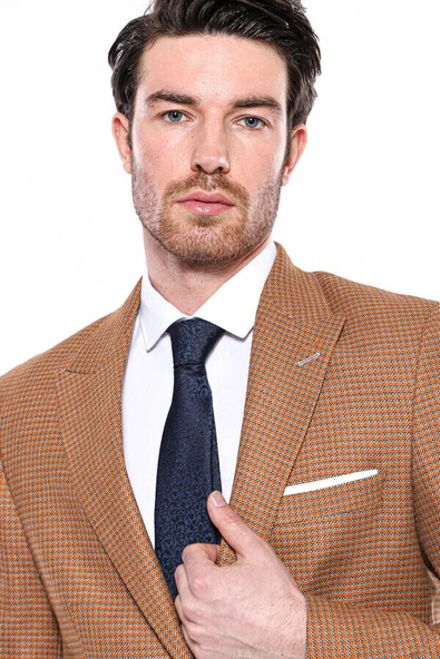 Kendinden Desenli Turuncu Slim Fit Ceket | Wessi - Wessi - Resim 2