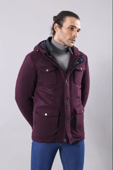 Keçe Kapşonlu Bordo Kaban | Wessi - Resim 3