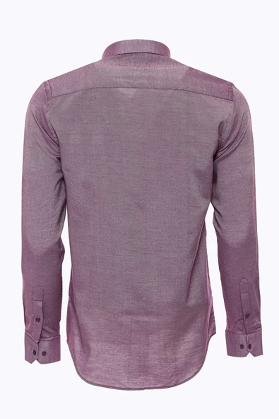 Koyu Bordo Kendinden Desenli Uzun Kol Slim Fit Gömlek - Wessi - Resim 3