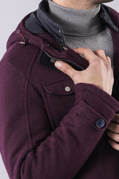 Keçe Kapşonlu Bordo Kaban | Wessi - Resim 2