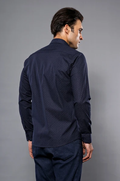 Desenli Lacivert Uzun Kollu Gömlek | Wessi - Resim 5