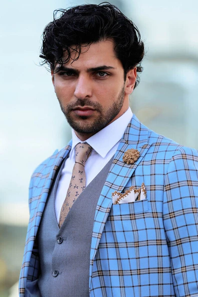 Gri Yelekli Slim Fit Ekose Açık Mavi Erkek Takım Elbise - Wessi - Resim 4