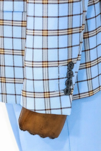 Gri Yelekli Slim Fit Ekose Açık Mavi Erkek Takım Elbise - Wessi - Resim 10