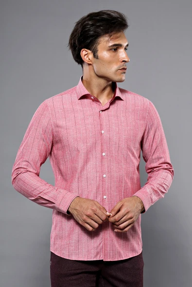 Ekose Desen Bordo Uzun Kollu Gömlek | Wessi - Resim 2