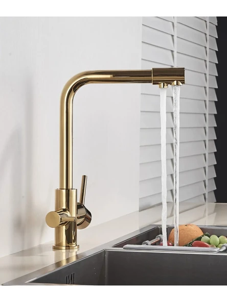 Gold Lüx 3 Yollu Arıtma Çıkışlı Aç Kapa Mutfak Eviye Musluk Bataryası - Resim 2